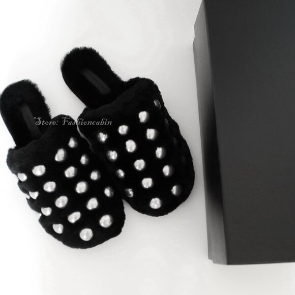 NEW Alexander Wang Amelia Shearling Slippers w Silver Studs | Designer Luxe Cozy - Picture 2 of 14